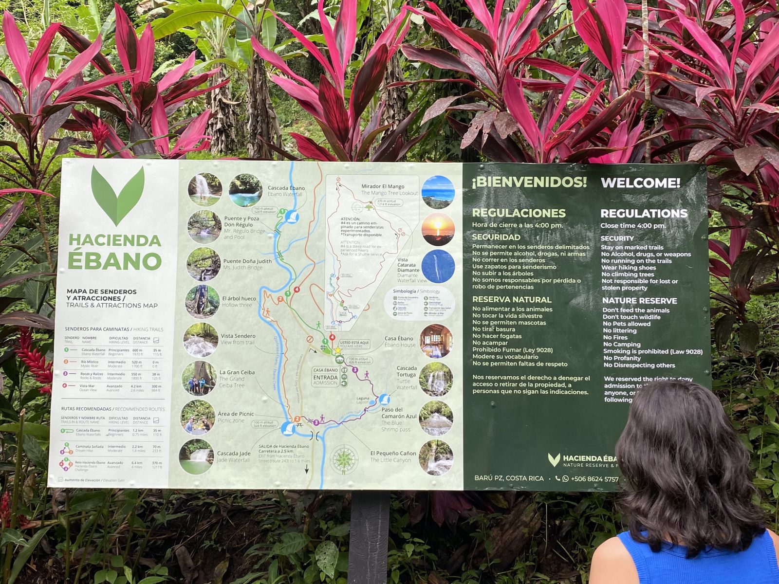 Map of trails and Regulations, Hacienda Ébano, a Nature Reserve and Farm with Rainforest and Waterfalls at Barú, Costa Rica