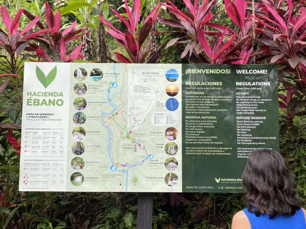 Map of trails and Regulations, Hacienda Ébano, a Nature Reserve and Farm with Rainforest and Waterfalls at Barú, Costa Rica